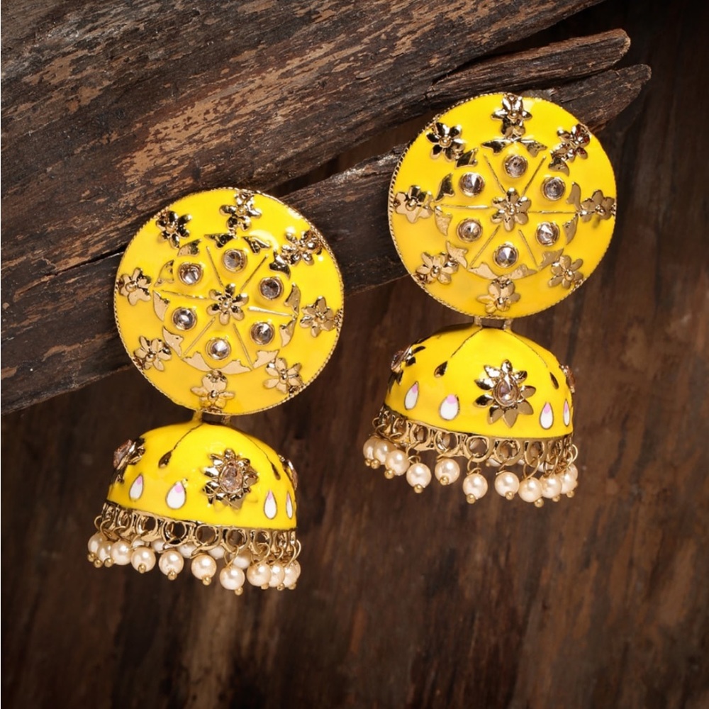 Gold-Toned and Yellow Dome Shaped Earrings Jhumkas Indian Pakistani Afghan